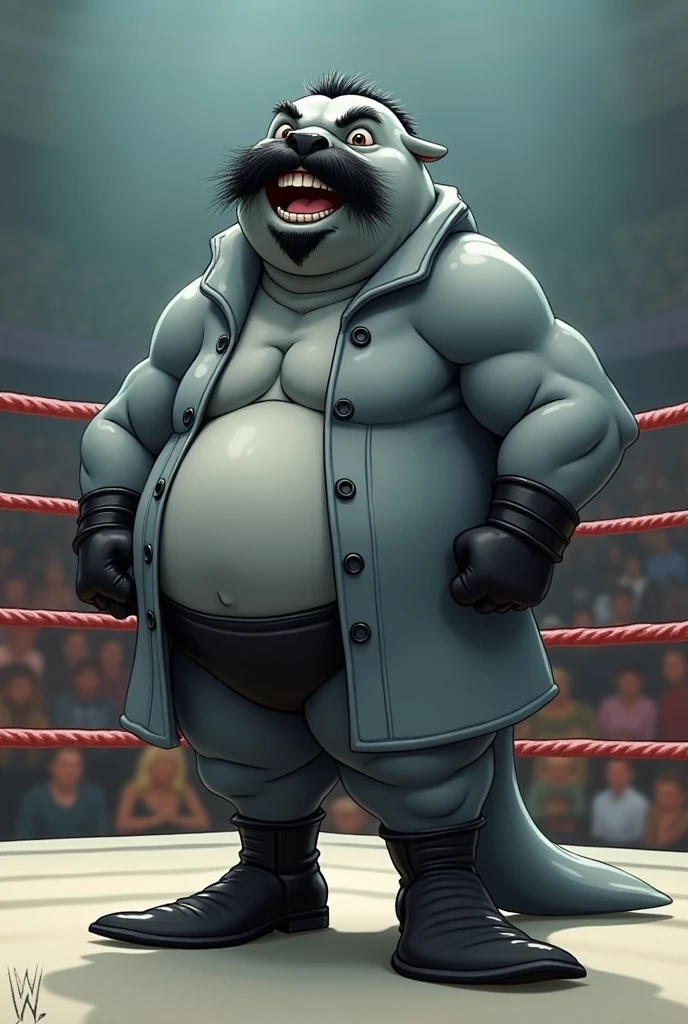 Cartoon Manatee dressed like WWE wrestler Repo Man

Cartoon Manatee body. Cartoon Manatee head. Cartoon Manatee face.

Black mask over eyes

Short black hair. Thin black mustache. Short black beard.

Grey trenchcoat with black buttons. Black gloves. Black wrestling singlet. Black wrestling boots.

Laughing.

Standing in a wrestling ring.