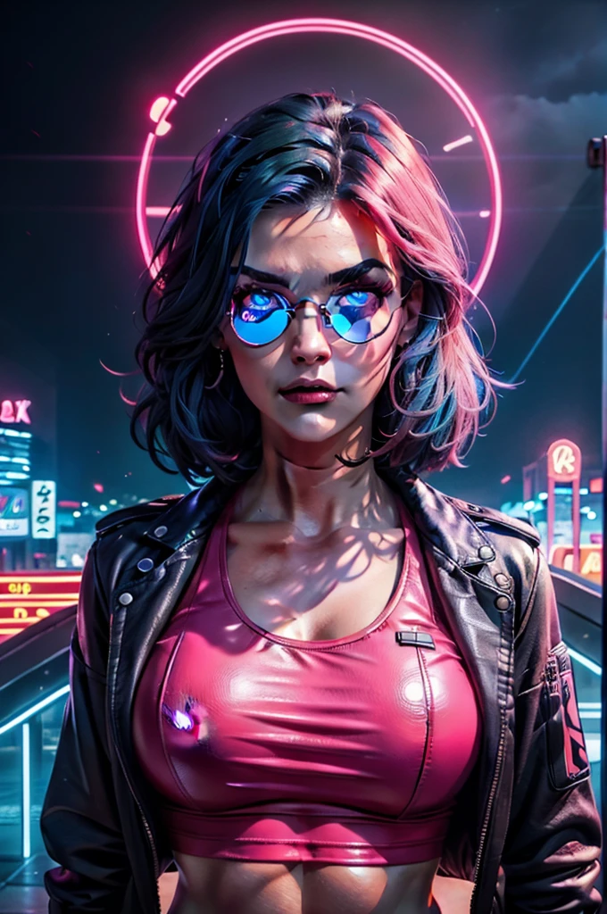 4K, wallpaper, resolution 3840x2160, A high resolution, Best quality at the best price, masterpiece, Perfect colors, perfect shadow, perfect lightning, ((portrait)), 1 Female, fitter, muscular body, glowing eyes, high detailed eye, Dark blue hair , Blue eyes, With round lenses, Details in the eyes, The audience watched attentively, (s face: 1.2), perfect female figure, ((stand)), ((neon pink crop top leather suit)), ((shy and looking at the viewer)), (Perfectly dense, white eyebrows) soft fur, Details face, is the perfect face, On a fantasy planet , (model pose stand), energetic background, perfect city skyscape, Lighting mood, ((Bonifasko lighting)), (The round lenses on his eyes)(detailled eyes), Perfect student, face close up