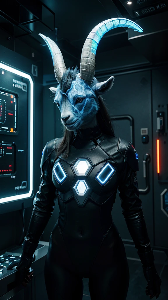 "Create a highly detailed 3D illustration of a blue goat's head designed as an NFT, with a futuristic and high-tech theme. The goat head should be blue in color and represent a powerful, authoritative figure, like a CEO. The design should incorporate elements of RAM (computer memory), making the horns and other features of the goat head look like intricate, glowing circuits and chips. The overall style should be sleek, modern, and slightly abstract, with a blend of organic and mechanical textures."
