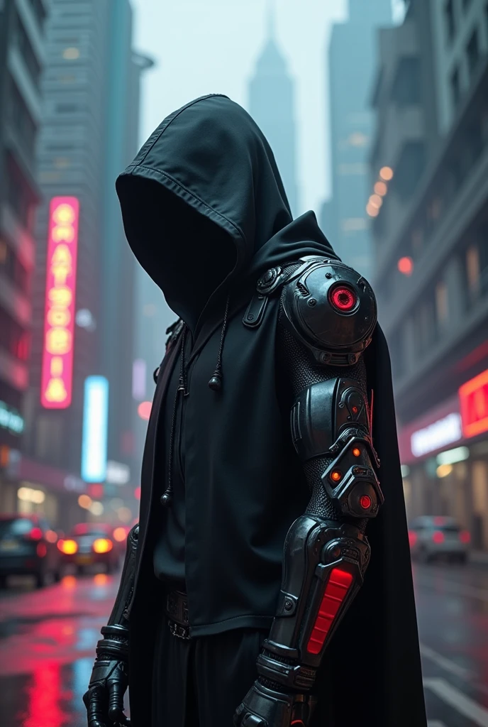 a hooded man,black hoodie,standing in a futuristic city,malaysia, futuristic cyberpunk landscape,neon lights,science fiction,cinematic,dramatic lighting,moody atmosphere,detailed face,intricate costume design,hyper detailed,8k,photorealistic,unreal engine,concept art style,vibrant colors. Sharpblade metal alien . Red black mechanized robotics bionic arm.