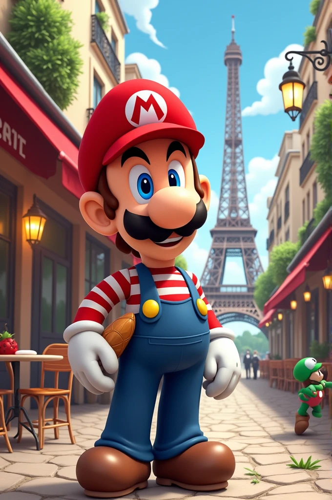 Luigi from super Mario, stereotyped french, in Paris