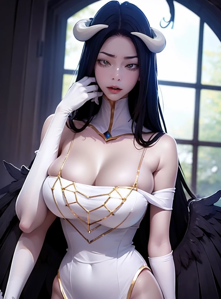 A demonic and seductive looking anime character, with black wings, long dark flowing hair, bright golden eyes, and curved horns like those of a ram. has pale skin, a mischievous smile and a playful and mysterious expression, holding a finger to his lips as if silencing someone. She wears a white dress with intricate detailing and gold accents, along with a blue gem on his chest. The scene is dramatically lit., with soft shadows that enhance her sharp features, as the background fades into darkness, adding an enigmatic and magical touch. The style is a mix of anime fantasy with intricate details, Capturing an intense portrait, close and dynamic
