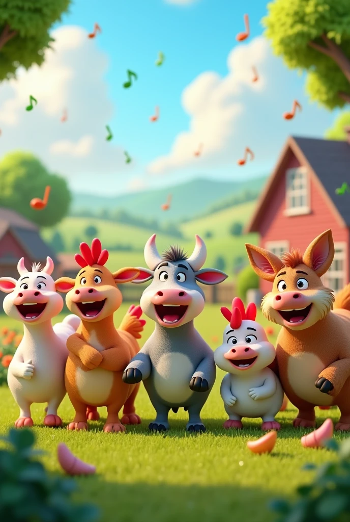 Cows chicken cats dogs horses donkey singing animated cute 