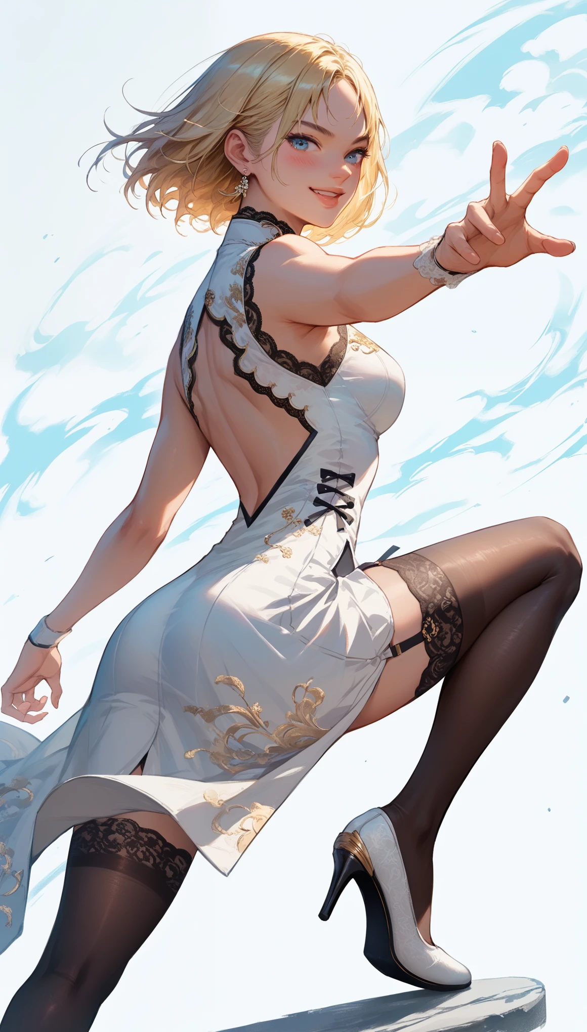 score_9, score_8_up, score_7_up, score_6_up, 1girl, (score_9, score_8_up:1.1), score_7_up,
Th1sUs3r, realistic, medium blonde hair, straight hair, parted hair, Blue eyes, pale skin, back view, White lace cheongsam, (Gold thread embroidered black silk tights 1.2),White garter belt,Lace-up high heels,shoes focus,(Shortening perspective:1.5) earrings, detailed Digital Universe background, training with a katana,(dynamic pose:2.5), standing up, side angle view, blush smile,