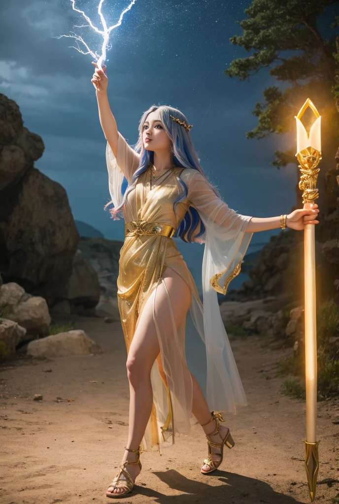 The goddess of thunder appeared with a clap of thunder、Ramu、Golden sheer dress、Holding a walking stick in his hand