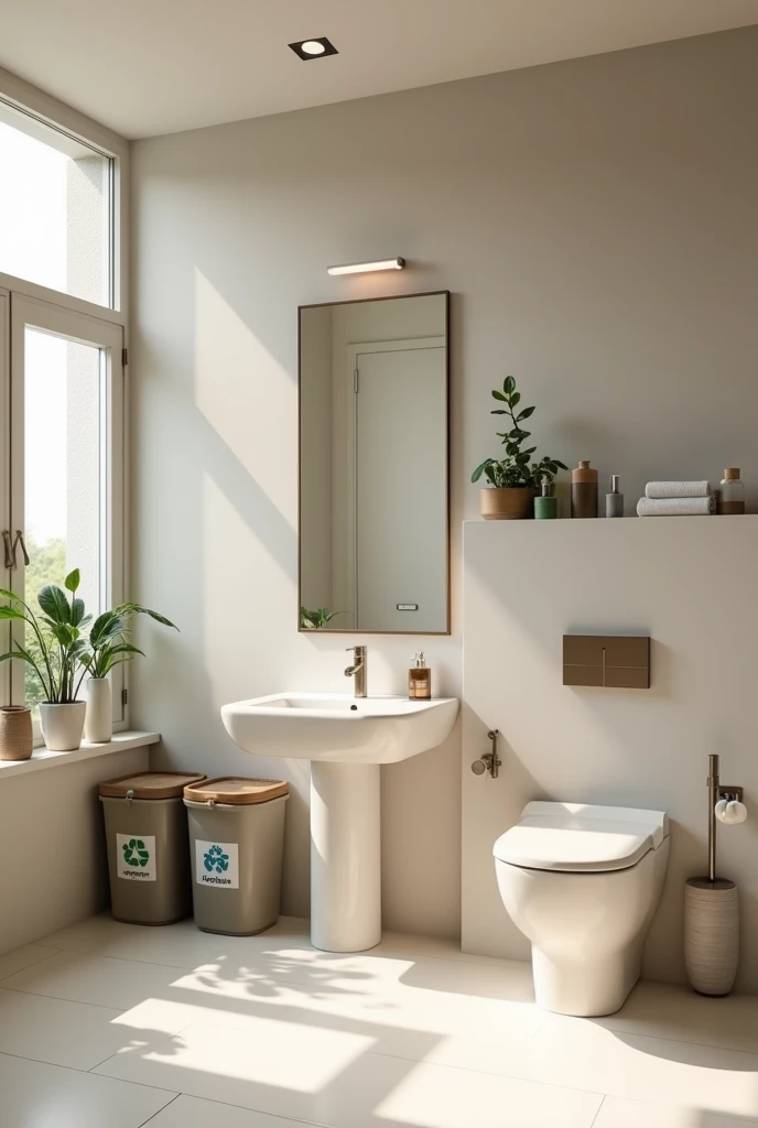 Create a clean bathroom with enough space, clean toilets, and trash bins that show segregation. Make it creative as a poster