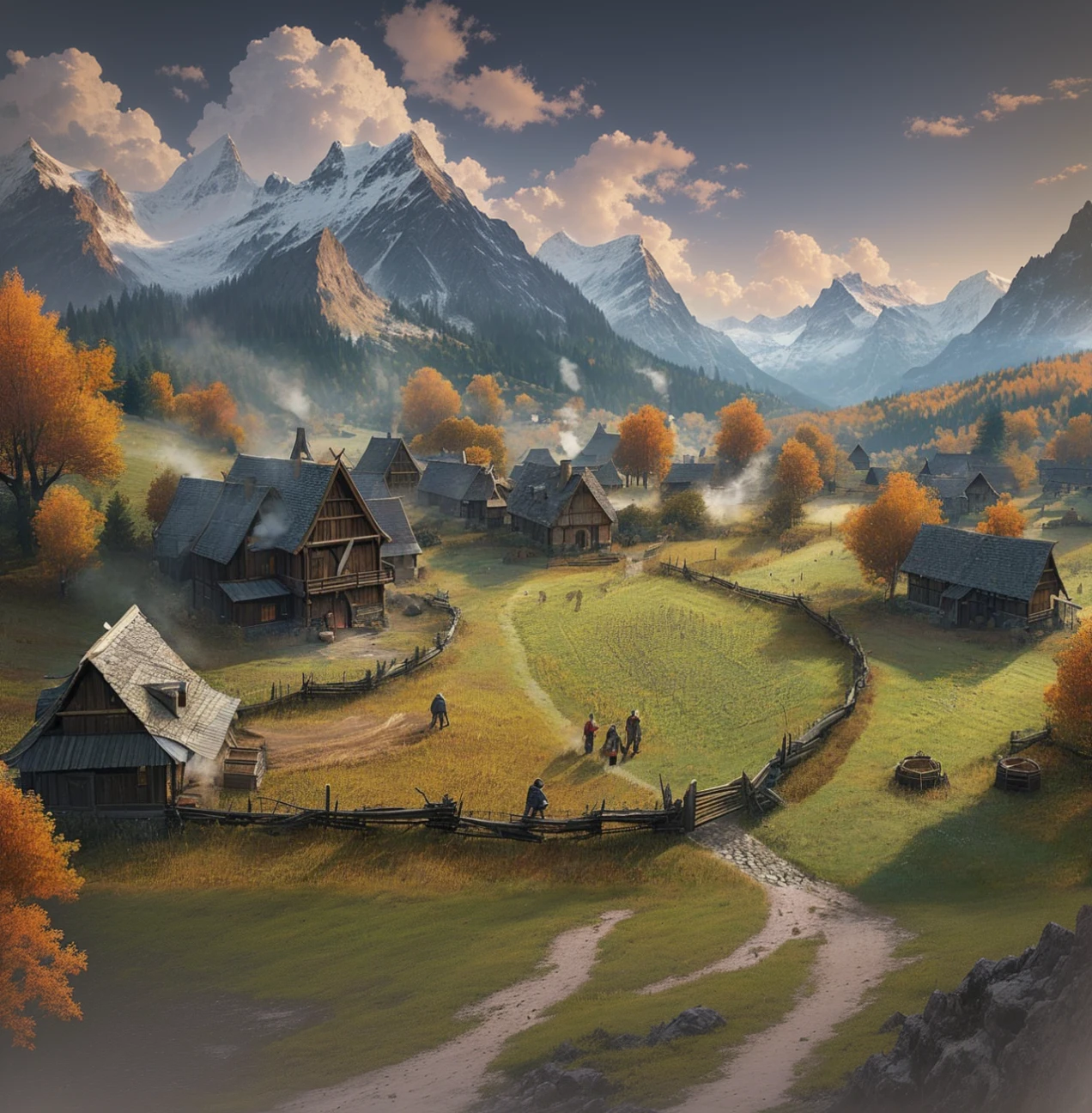 grassland，village，Snow Mountain，Tree