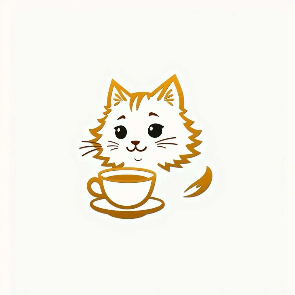 create a logo with the free logo maker, cute persian cat head drinking cup of tea, professional logo design, clean logo design, logo design, logo graphic design, abstract logo, professional logo, logo conceptual design, white background, logo vector art, gold leaf, digital art logo, logo design, 3D logo, gold theme, delicate details golden stroke, Simple logo, gold foil