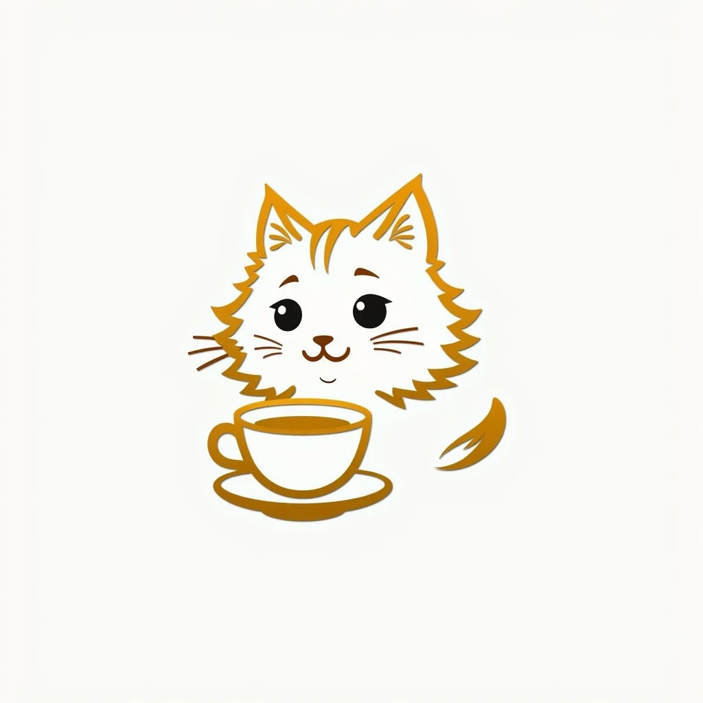 create a logo with the free logo maker, cute persian cat head drinking cup of tea, professional logo design, clean logo design, logo design, logo graphic design, abstract logo, professional logo, logo conceptual design, white background, logo vector art, gold leaf, digital art logo, logo design, 3D logo, gold theme, delicate details golden stroke, Simple logo, gold foil