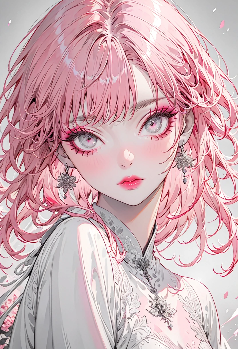 (Highest quality,Very detailed,High resolution:1.2),beautiful girl,Pink Hair,pink bangs,Dilated grey eyes,very_Long eyelashes, Detailed lips, Cool look, Soft Skin, ,Exquisite makeup,monochrome