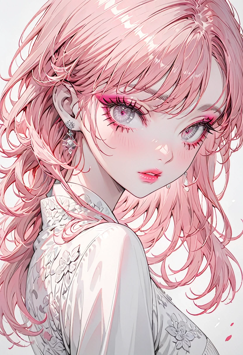 (Highest quality,Very detailed,High resolution:1.2),beautiful girl，Pink Hair,pink bangs，Dilated grey eyes，very_Long eyelashes, Detailed lips, Cool look, Soft Skin, ,Exquisite makeup,monochrome