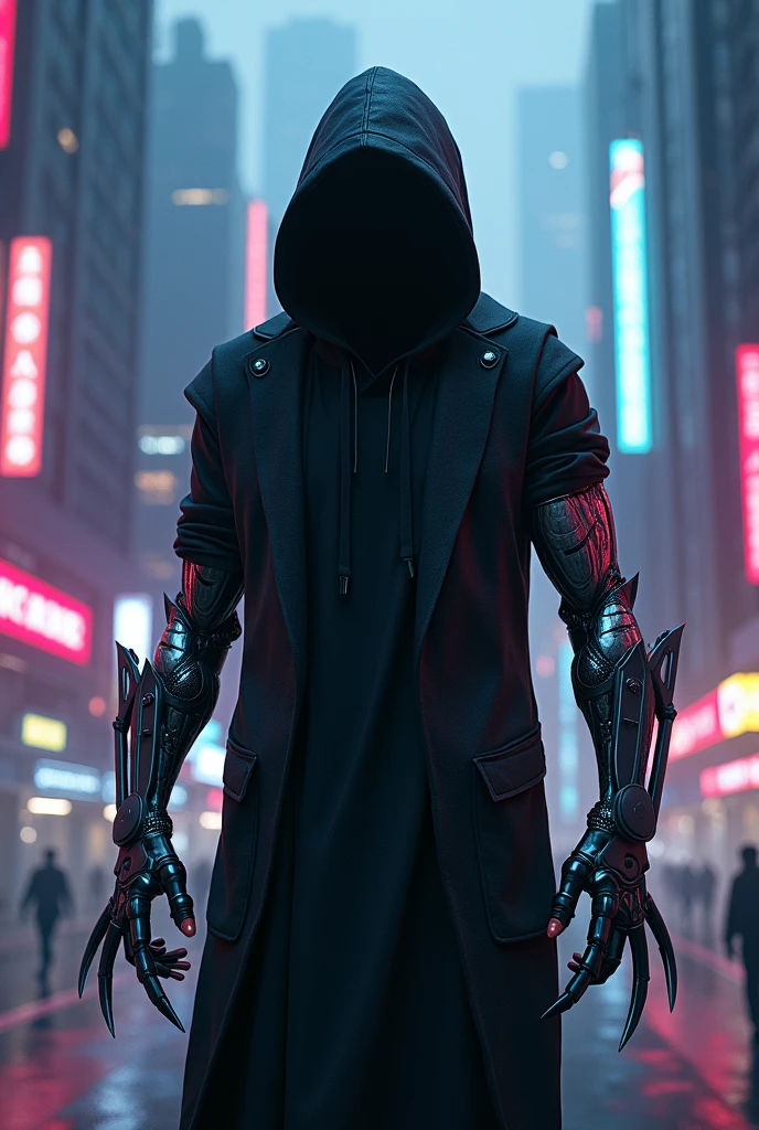 a hooded man,black hoodie,standing in a futuristic city,malaysia, futuristic cyberpunk landscape,neon lights,science fiction,cinematic,dramatic lighting,moody atmosphere,detailed face,intricate costume design,hyper detailed,8k,photorealistic,unreal engine,concept art style,vibrant colors. Sharpblade metal alien . Red black mechanized robotics bionic arm. Jump on the building . Chase by police.