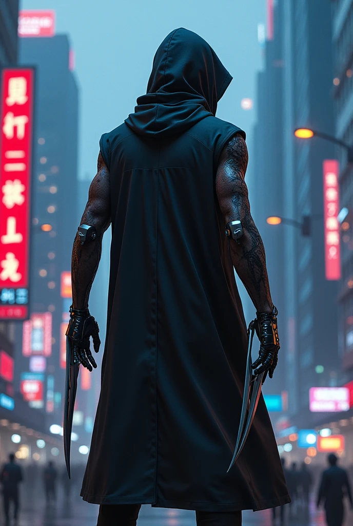 a hooded man,black hoodie,standing in a futuristic city,malaysia, futuristic cyberpunk landscape,neon lights,science fiction,cinematic,dramatic lighting,moody atmosphere,detailed face,intricate costume design,hyper detailed,8k,photorealistic,unreal engine,concept art style,vibrant colors. Sharpblade metal alien . Red black mechanized robotics bionic arm. Jump on the building . Chase by police.