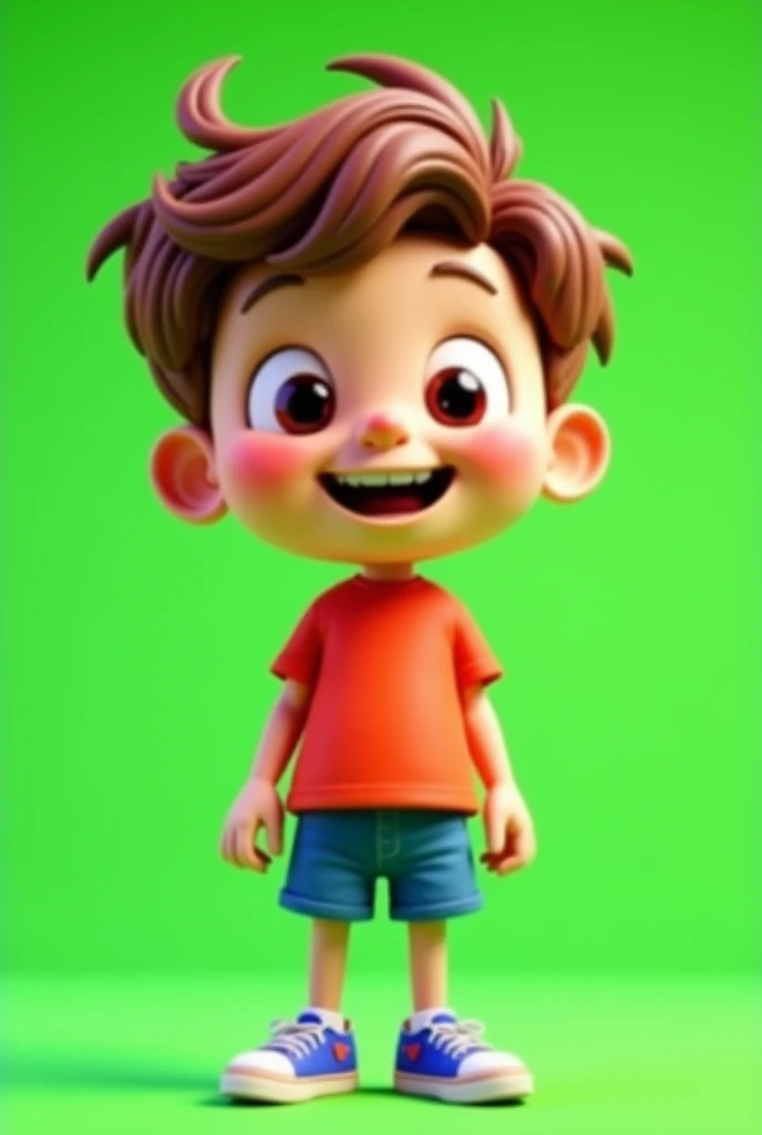 Create a 3D cartoon character of a  boy with exaggerated and expressive features. He should have a big smile, large eyes, and a small, round nose. His hair is light brown and slightly messy. He wears a bright red t-shirt, blue shorts, and small sneakers. The boy has a playful and whimsical appearance, with slightly exaggerated body proportions to make him look cute and funny. The overall style is colorful and fun, with smooth, rounded edges typical of 3D animation. The background is a green screen to allow for easy editing."