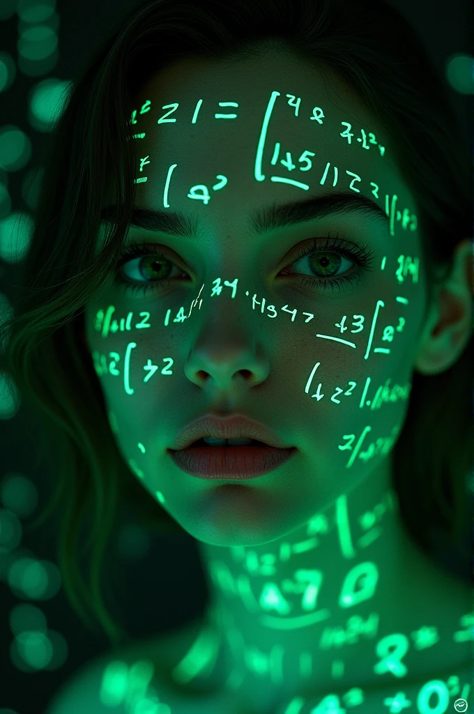Close-up of woman's face, glowing green holographic equations projected onto skin. Intense gaze, realistic features. Dark background, cyberpunk aesthetic. Luminous mathematical formulas, handwritten style. Futuristic, high-tech atmosphere. Photorealistic rendering, dramatic lighting, sharp contrast