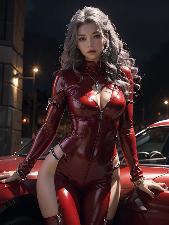 Realistic, High resolution, Soft Light,1 Female, alone, Lift your hips high, Glowing Skin, (Detailed face),jewelry, Red leather suit、Chain Mail, night, Gray Hair, Wavy Hair, Beautiful soldier, Eyes that invite the viewer, Lover's point of view, Attractive expression, Sexy smile, Perfect Style, Perfect balance, Detailed skin, Mischievous Gaze, I can see your chest、ニューヨークのnightの街並みが背景、