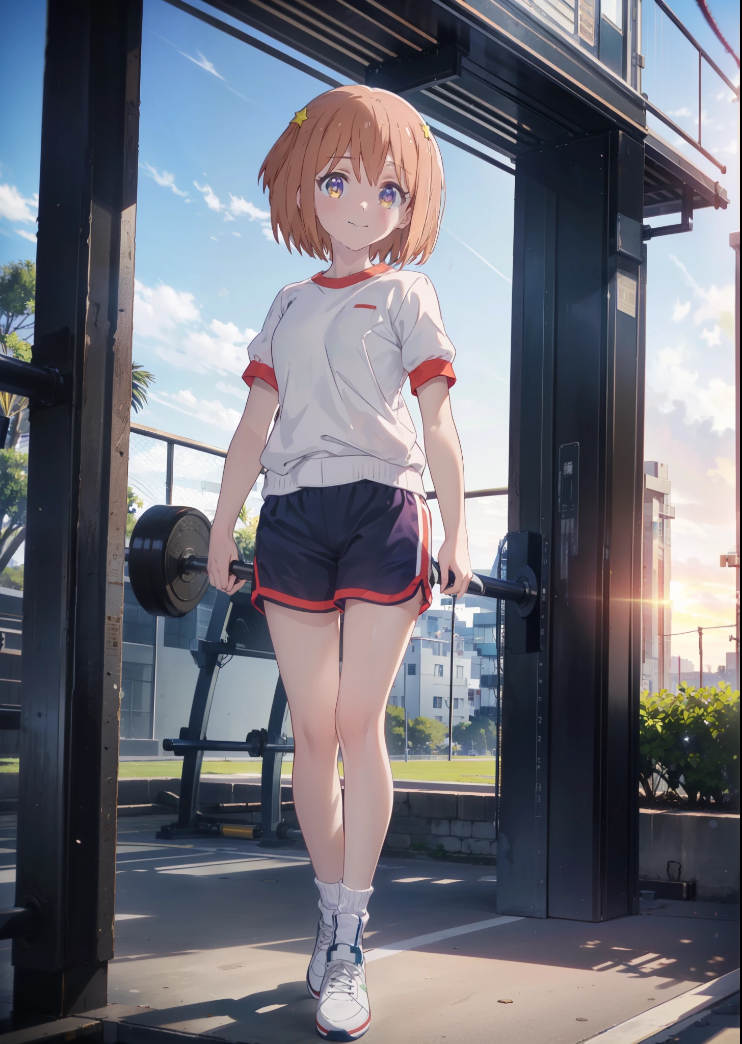 Mira Konohata, evening,Sunset sky,Seaside,orange clouds,Check it out, short hair, bangs, orange hair, (Purple eyes:1.2),(Gym clothes with short sleeves:1.5), Gymnastics, (Girl wearing gym clothes), (Girl in gym clothes), Sportswear, Blue_Shorts, White knee-high socks,stand,Stand up,Focus on the feet,White_sneakers, White_sports boots,Daytime,Clear skies,Palm tree,Walking,smile,Close your mouth,blush,whole bodyがイラストに入るように,Focus on shoes,
BREAK outdoors, tropical,Tropical,Coastal Road,
BREAK looking at viewer, whole body,
BREAK (masterpiece:1.2), Highest quality, High resolution, unity 8k wallpaper, (figure:0.8), (Beautiful attention to detail:1.6), Highly detailed face, Perfect lighting, Highly detailed CG, (Perfect hands, Perfect Anatomy),