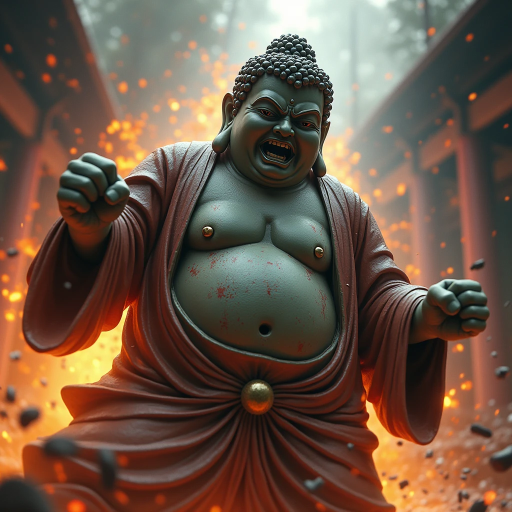 The Buddha statue is swinging its fist in anger, trying to hit someone to death.