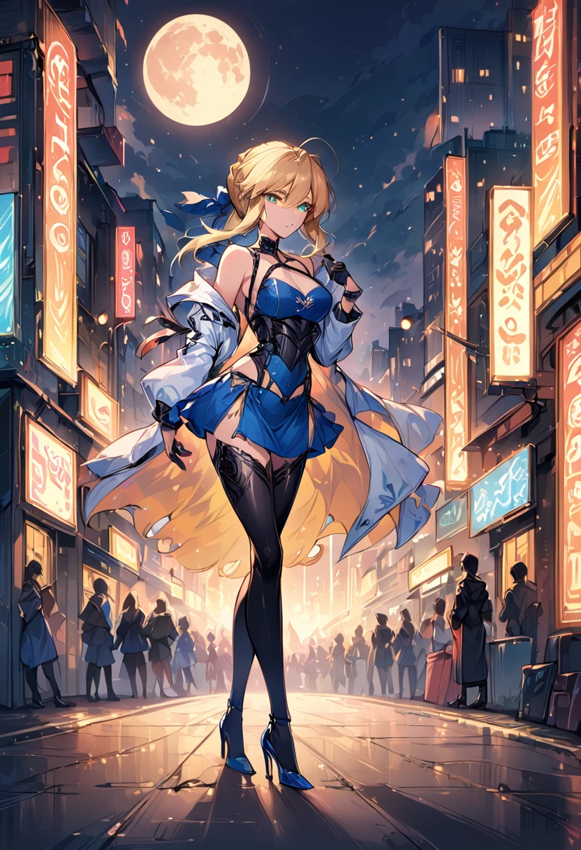 score_9, score_8_up, score_7_up, score_6_up, rating_safe, source_anime, BREAK Stylistic image of Artoria Pendragon (blonde, braid, ribbon, hair ribbon:1.2), BREAK tight blue halter skirt, high heels, choker:1.3), BREAK walking in downtown Tokyo, neon lights, Extremely detailed Artgerm, Artgerm on ArtStation Pixiv, BREAK Epic light novel art cover, gorgeous female paladin, trending on artstation pixiv, BREAK midnight, full moon, shallow depth of field, BREAK highly detailed, bokeh, moody, epic, gorgeous, grainy, BREAK (ultra-detailed), (best illustration), (best shadow), (absurdres), (detailed background), (very aesthetic), cowboy shot.