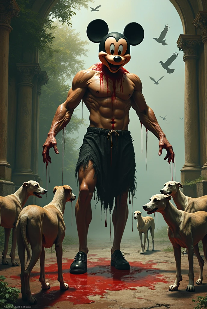 Centaur with the body of a man with the head of Mickey Mouse in his hands dripping with blood, Many greyhounds around watching and others running, baroque background with birds