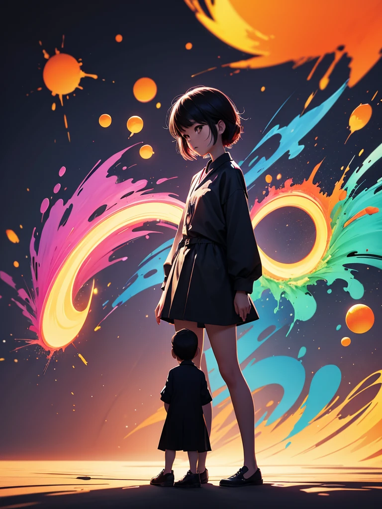 Highest quality、Brightly colored splash art、The shadow of a standing girl&#39;s back、Detailed female facial expressions、Stars around the woman々、Stardust、Dazzling、Vivid and colorful clouds、Backlight、polarized light、Highly detailed and colorful、Fantasy、Fantasyなライティング