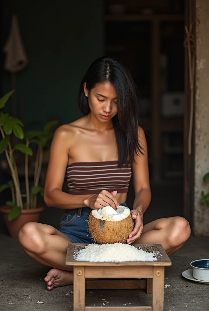 The picture shows a Thai woman sitting on an antique coconut grater chair with a tray on the floor, wearing a brown striped tube top and dark hair, scraping coconut.