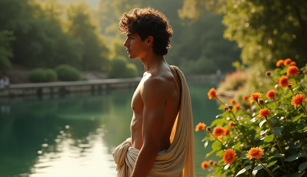 In a tranquil garden at dawn, the young Stoic philosopher stands beside a calm pond, his reflection mirrored perfectly on the still water. His bronzed skin glows softly in the morning light, and his wavy, well-stylized hair catches the first rays of the sun. His classic tunic drapes elegantly over his well-proportioned body, subtly revealing his shoulder as he gazes thoughtfully into the water, contemplating Seneca’s wisdom. Surrounding him are lush, green plants and vibrant flowers, symbolizing growth and serenity. The photorealistic, 8K quality image captures the intricate details of the leaves, the gentle ripples in the pond, and the philosopher’s calm yet introspective expression, emphasizing the value of surrounding oneself with uplifting influences.