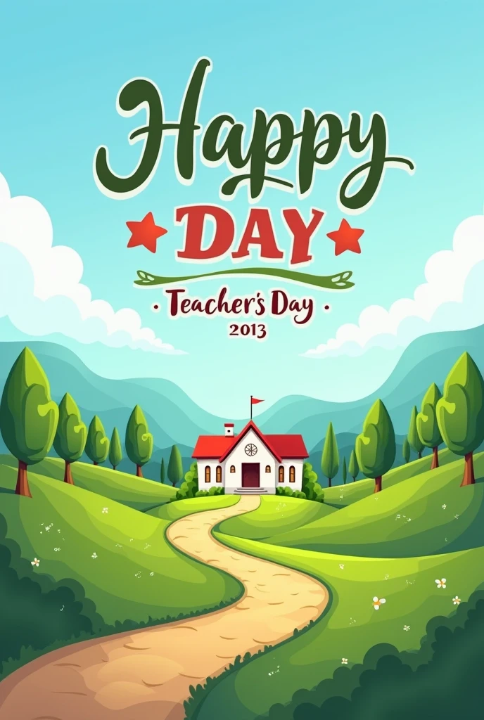 Create a landscape banner with the main text "Happy Teacher's Day" and additional text being less emphasized " St Thomas' High School, Dassnagar" the background should be relatable to the wish. Make it simple but attractive