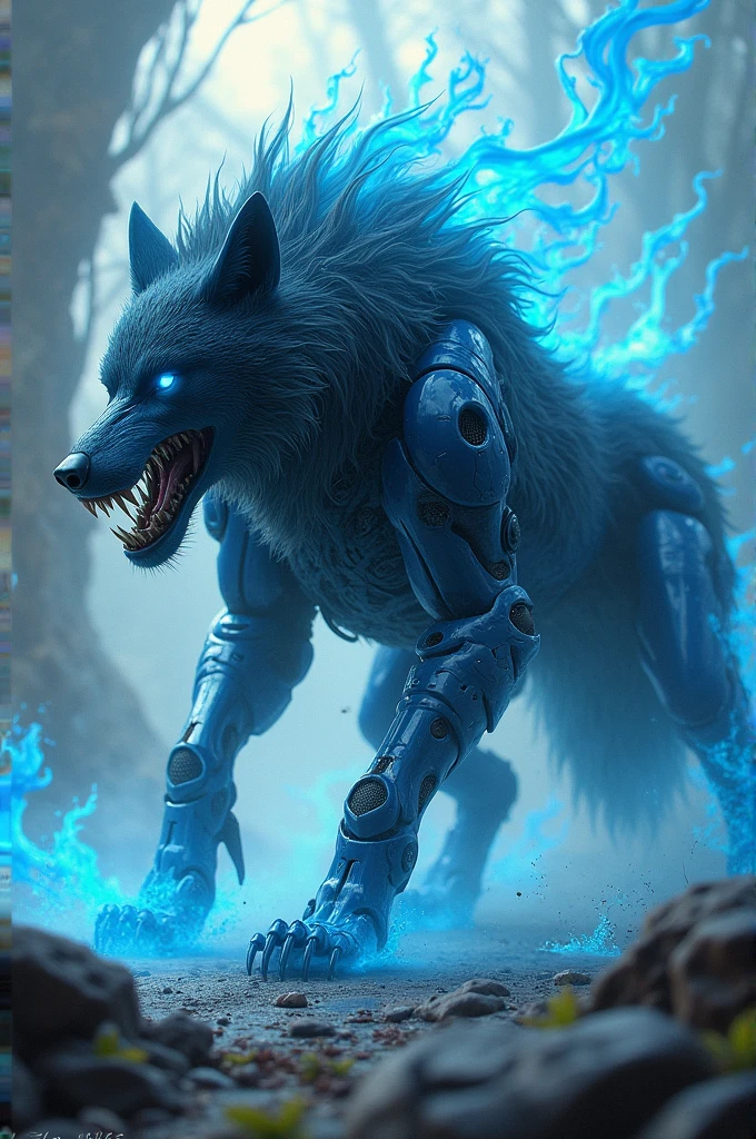 A wolf with a robotic blue shoot in a imaginary world with watery fire butiful fight