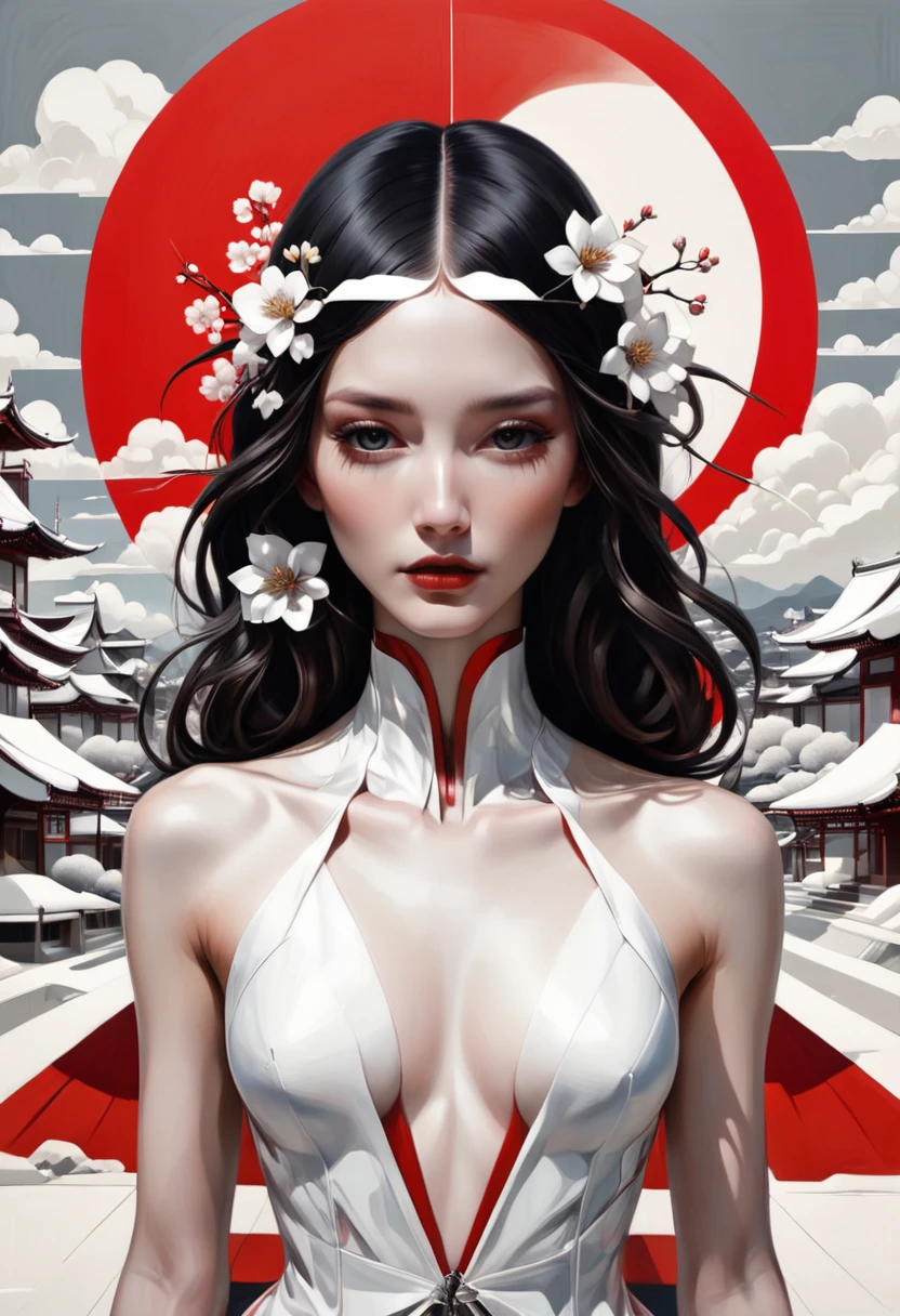 White Reaper, HarlequinPunk, Jaehra, panjang penuh, japanese paper inkscape, white ink illustration, beautiful, elegant, ink illustration, elegant, Sakura tree --ar 8:10