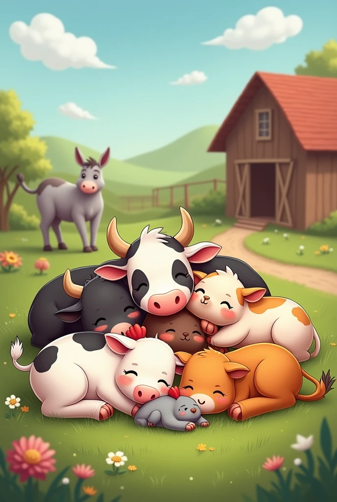 Cows chicken cats dogs horses donkeys sleeping on a farm animated cute
