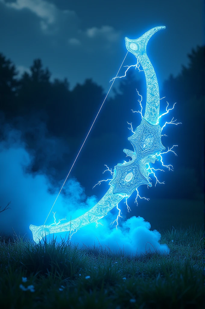 A heavy celestial bow emitting blue lighting around it, the bow is creating smoke in the background, the bow is placed in a grassy land, macro photography, high contrast, vivid colors, night time image.