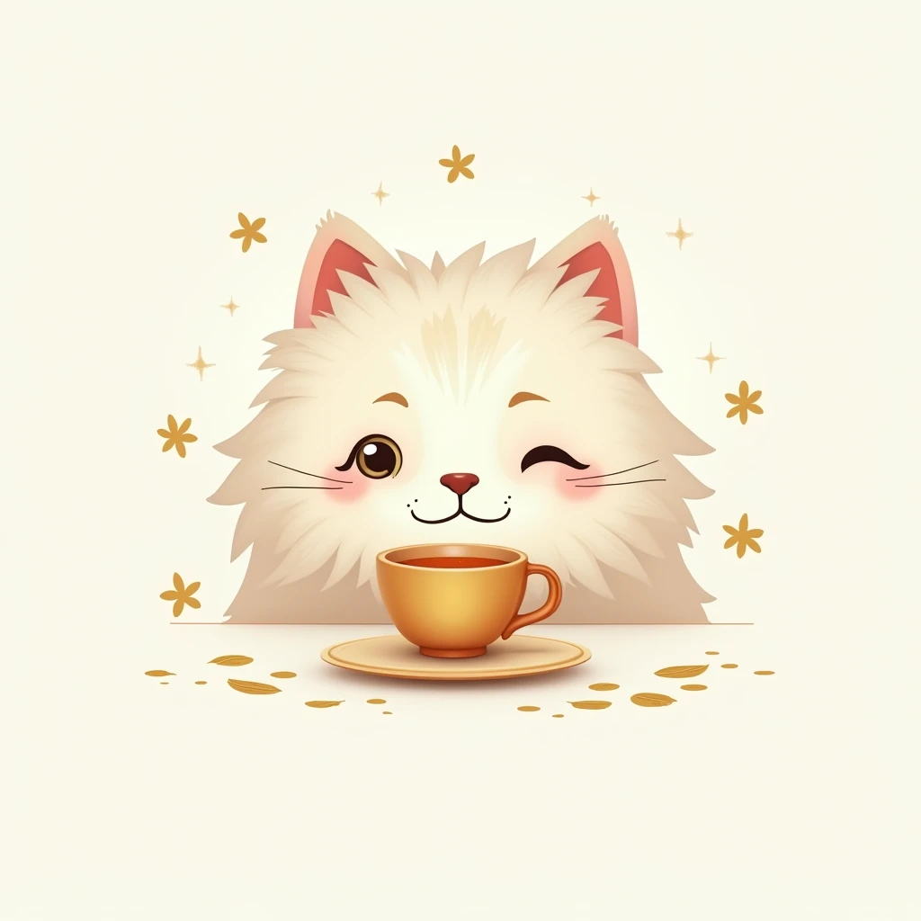 create a logo with the free logo maker, cute persian cat head drinking cup of tea, professional logo design, clean logo design, logo design, logo graphic design, abstract logo, professional logo, logo conceptual design, white background, logo vector art, gold leaf, digital art logo, logo design, 3D logo, gold theme, delicate details golden stroke, Simple logo, gold foil, cat body