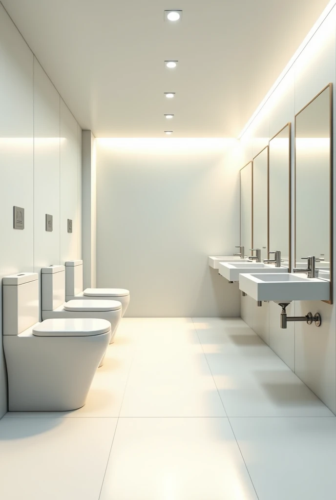 Create a clean bathroom with enough space, clean toilets, and trash bins that show segregation. Make it a poster