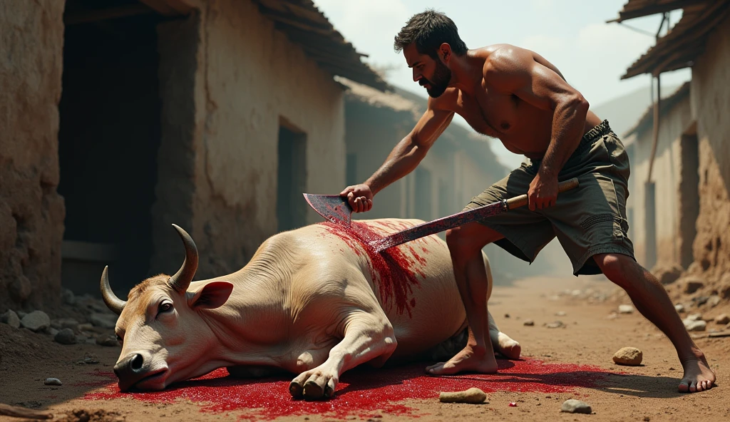 एक आदमी गाय को काट रहा था