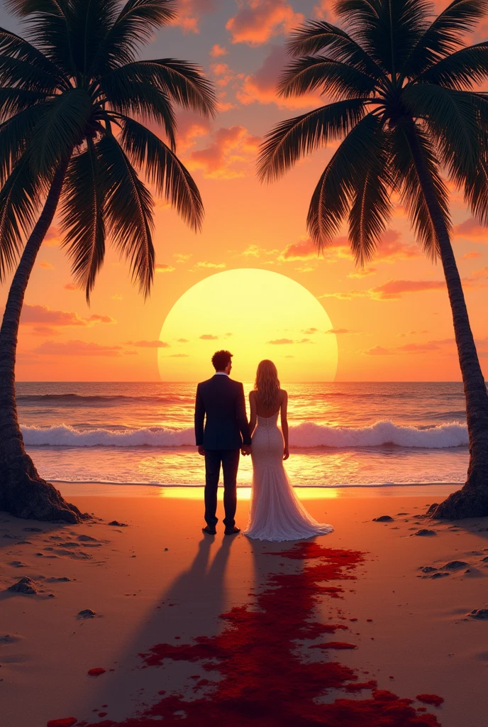 Plage ensanglantée, palmiers, couché de soleil
Un homme metisse et un femme blonde yeux clairs tatouée en tenue de soiree au bors de la mer de dos se donnant la main, trainée de sang