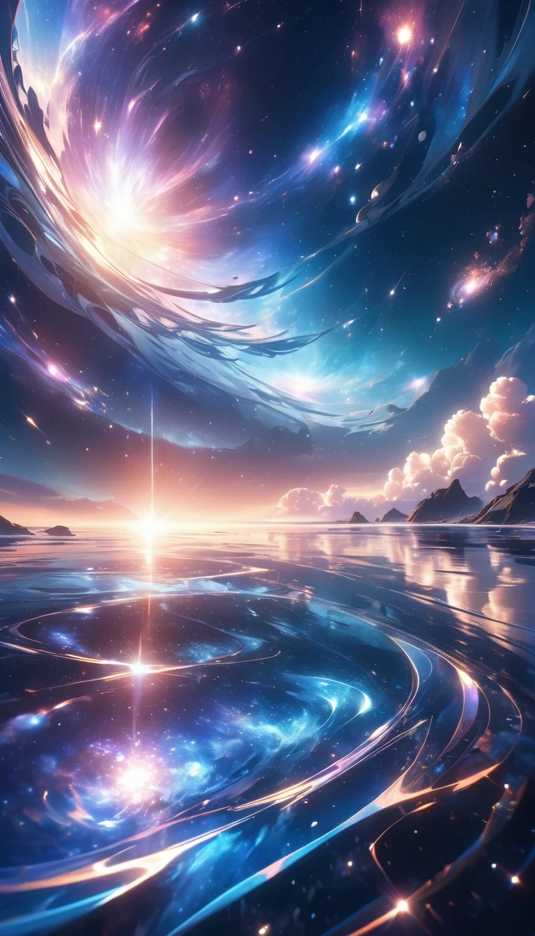 Beautiful cosmic landscape, Rotating starry ocean, sparkling, Shimmer, luminescent, reflective, best quality, 8K, Very detailed, Reality, Movie Lighting, Dramatic shadows, Vibrant colors, nebula, luminescent天体, Rainbow-like atmosphere, Ethereal, Like a dream, mystery, serene, peaceful