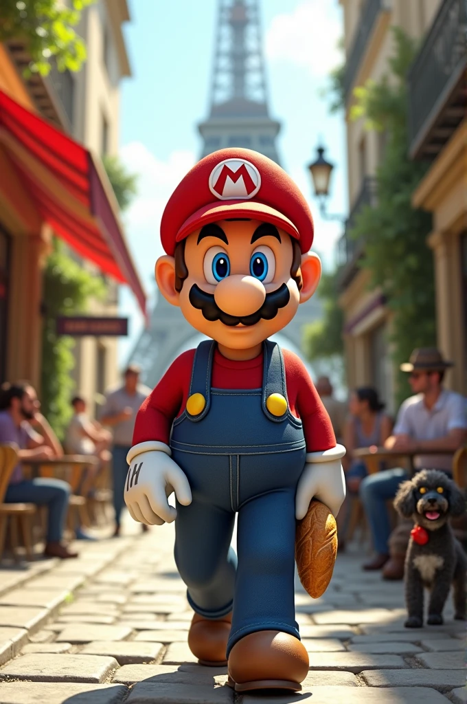 Mario from super Mario, stereotyped french, in Paris