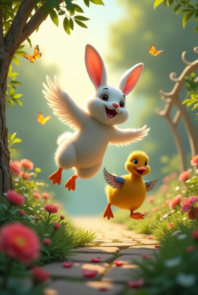 Make a Flying Rabbit and Jumping Duck Long time friends and complement each other With Garden Background