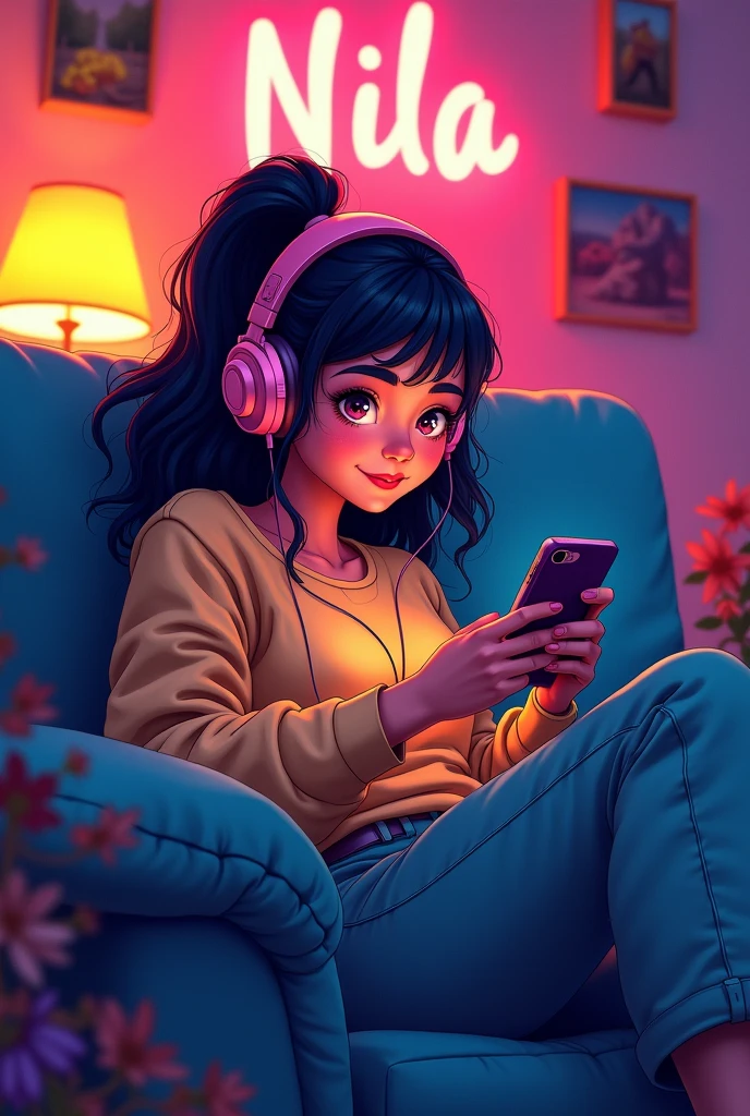 Beautiful woman in her 30s with black hair is sitting with headphones In the park. Looking down, eyes closed, LOFI girl, relaxing mood, cozy, only five fingers, Paris city, colorful, Well-proportioned face, female Beautiful fingers, summer, pink blouse, night, Starry sky