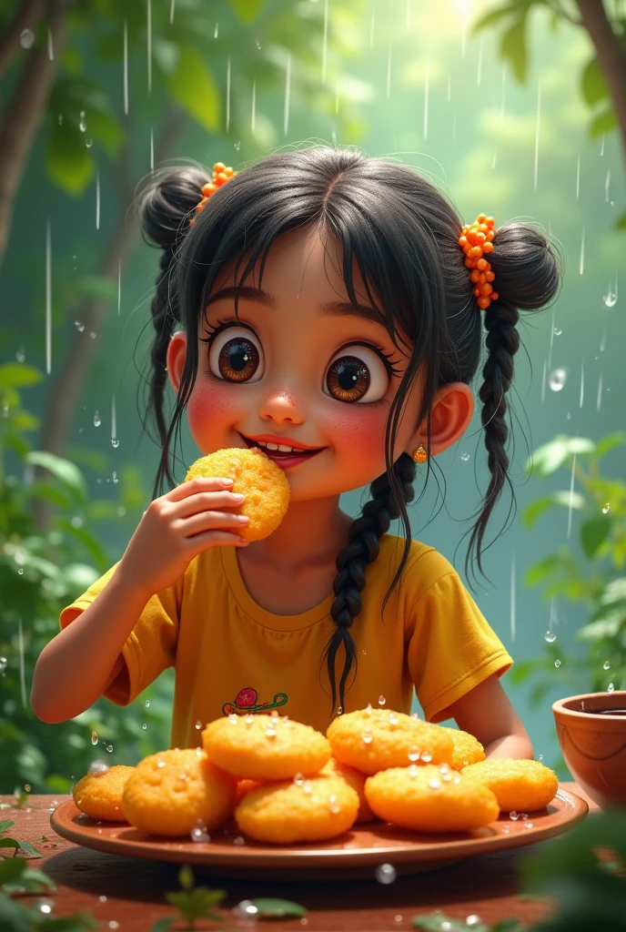 Round panipuri in plate, pani bowl near plate, cute girl eating , raining beautiful nature