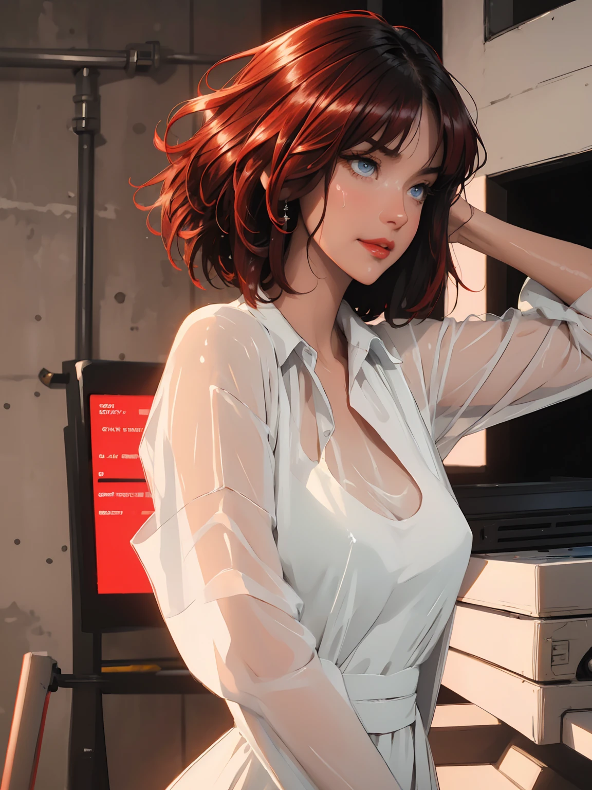 1girl,a beautiful fashion model ,(masterpiece, detailed background, best quality),short and shiny hair, red hair, hair with highlights, bangs, smirk,juicy lips,red lips, calmart, lingerie, stripping, elegant makeup, blue eyes, full body shot, (shiny skin), cyberpunk, sci fi, boa, extravagant jewelry, cocky expression, covered in jewelry, fancy, club outfit, shiny skin, wet skin. running hand through hair, leaning on wall, hair flip, sweat, dj, lights, beat spins you round