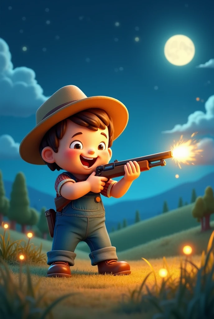 Farmer shooting at night cute animated