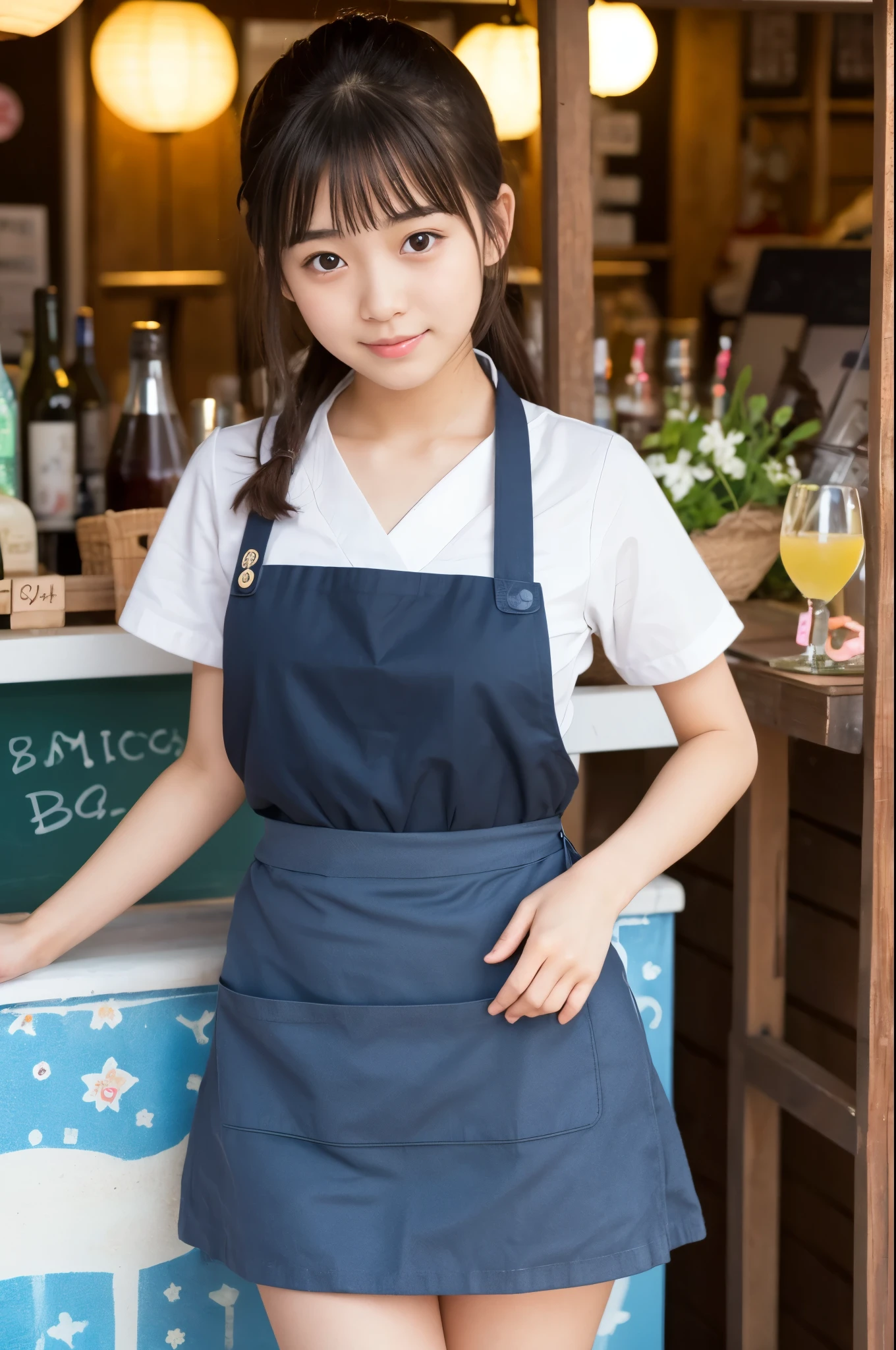 A girl (twenty years old, Japanese cute face) are wearing apron, mini skirt at the beach bar