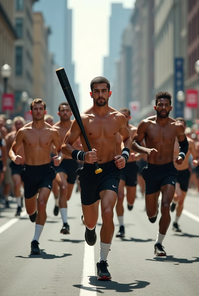 Mixed-race soldiers running shirtless, in black shorts, white socks and black sneakers, with black armbands on the left arms, holding black baseball bats in their hands, in a marathon full of spectators on a street in a big city.