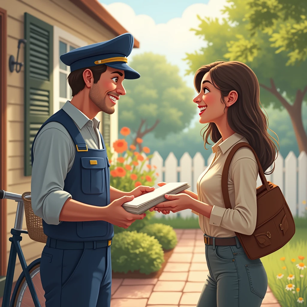 A friendly postman, wearing a classic blue uniform and cap, is standing ...
