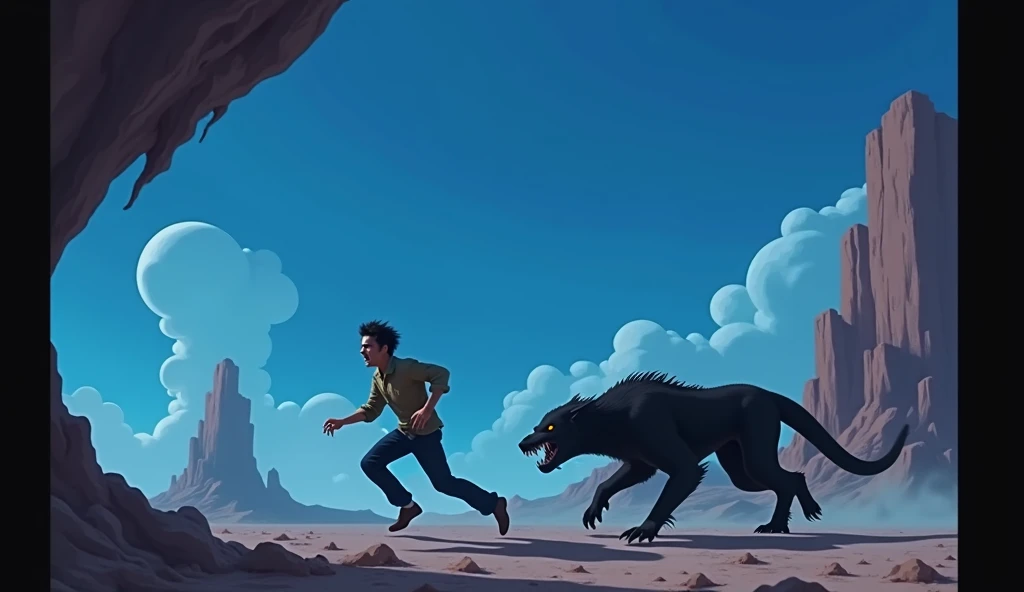 A man hunted by a wild black fur animal in an extraterrestrial world.