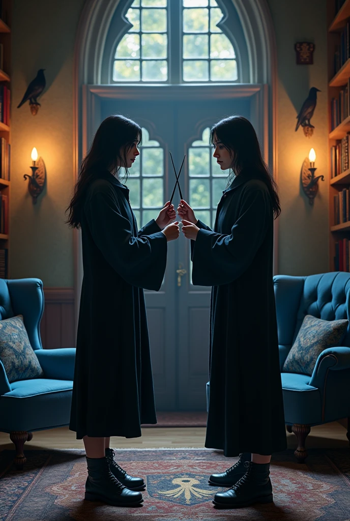 2 Ravenclaw student with shoulder length black hair doing a transfiguration spell alone in her communal room