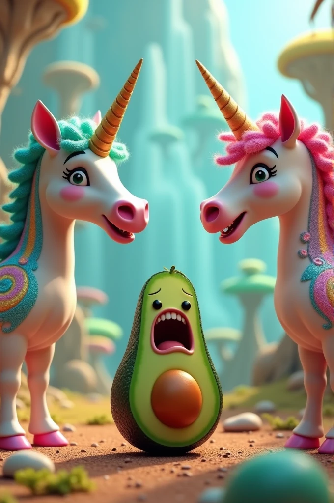 Create a surrealistic 3D image where 2 unicorns with rainbows in a fantasy world mock or laugh at an avocado that is walking and crying in the distance, The female avocado has fake nails and long eyelashes and full red lips
