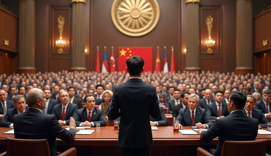 A young Chinese man in a suit is speaking to politicians from various countries in a huge lecture hall.，Politicians from all over the world are looking at men，No flag appears